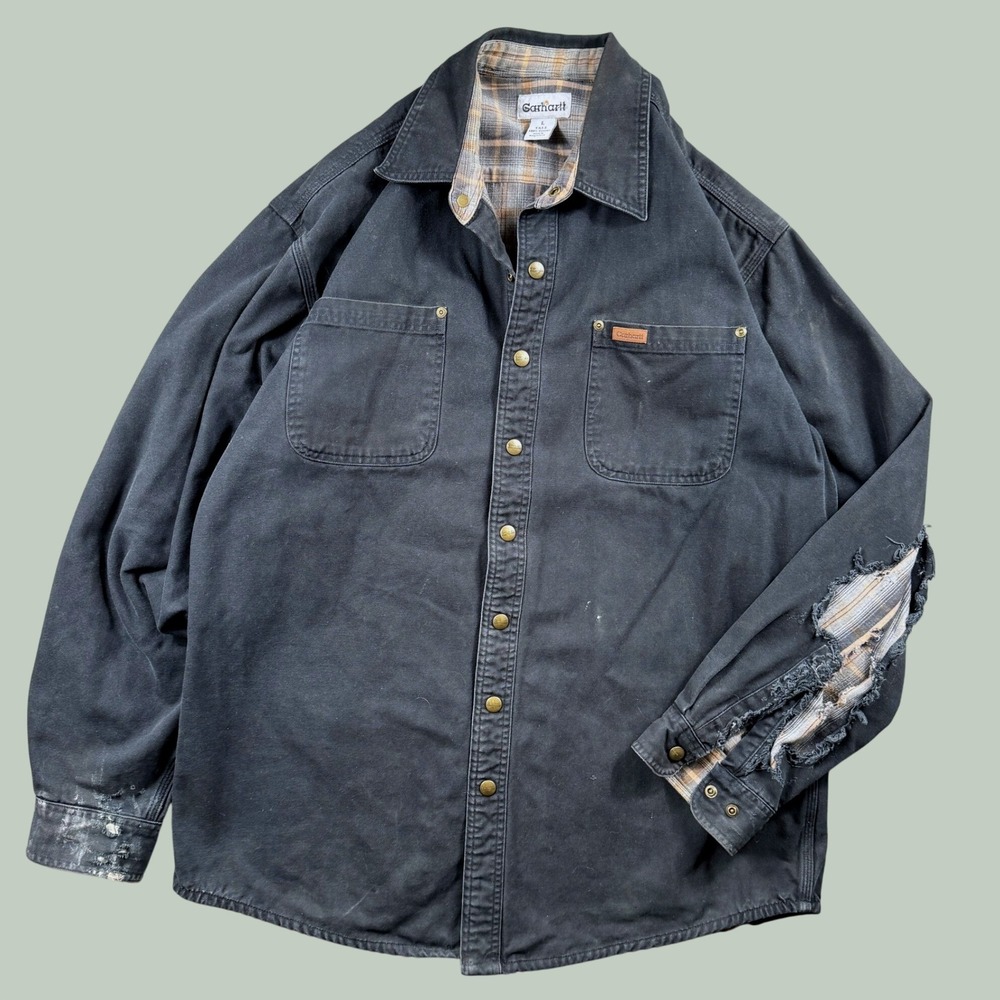 Carhartt Canvas Shirt Jacket Mens L Tall Black Flannel Line Thrashed S96 Shacket - Picture 1 of 10